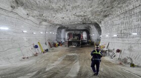 George Campbell, maintenance supervisor, walks down an incline in the shop at the Cargill salt mine on Whiskey Island in Cleveland on March 19, 2026.