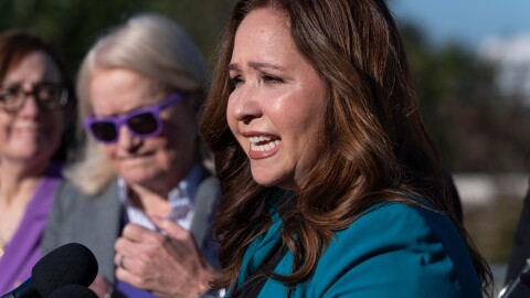 Rep.-elect Adelita Grijalva, D-Ariz., speaks as she is surrounded by supporters who have urged that House Speaker Mike Johnson swear her in, at the Capitol in Washington, Wednesday, Oct. 15, 2025. (AP Photo/J. Scott Applewhite)