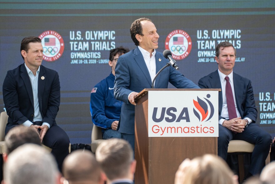 Louisville Mayor Craig Greenberg announces Olympic trials for USA Gymnastics will take place at the KFC Yum! Center in June 2028.