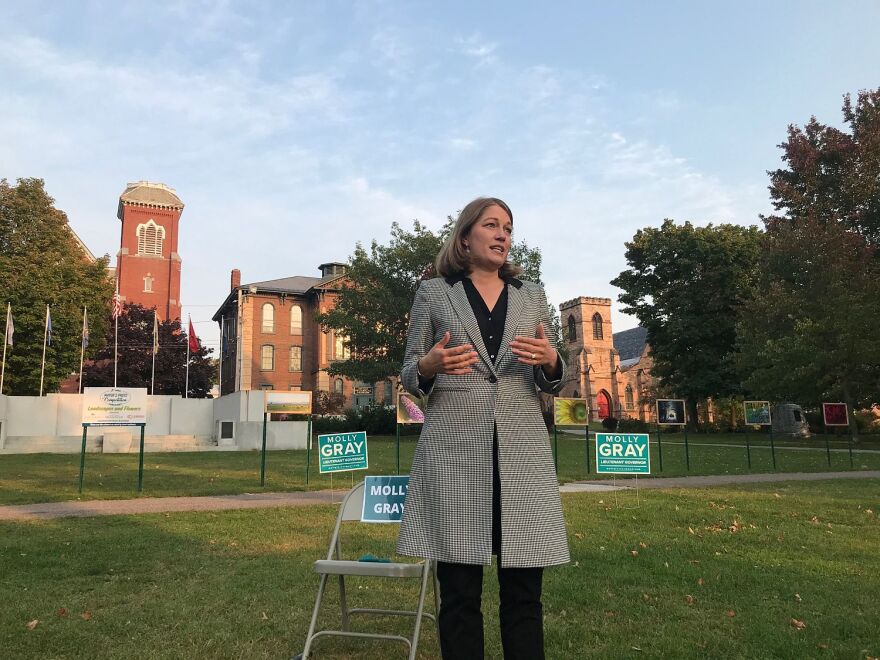 A woman in a jacket stands in a park with campaign signs in the background