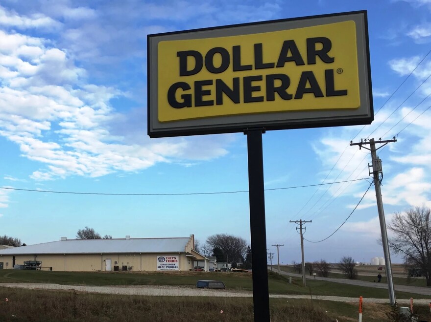 The Dollar General in Moville, IA in a 2017 file photo. The locally owned Chet's Foods in the background closed and could not compete with the store despite having produce and fresh meats