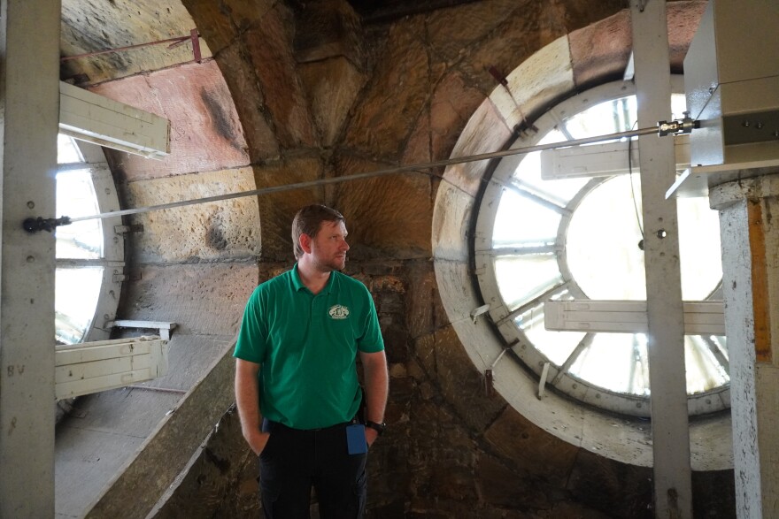 Nick Burket is Blair County’s facilities director, and one of the people helping to restore the clocktower at the Blair County Courthouse. He stands by some of the glass faces, which are visible outside of the building in downtown Hollidaysburg. 