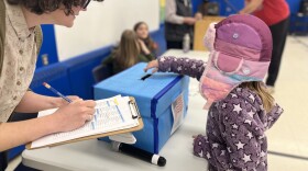 Child wtih pink hat and purple coat puts ballot in a box on a table, with a tabulating person with clipboard attending