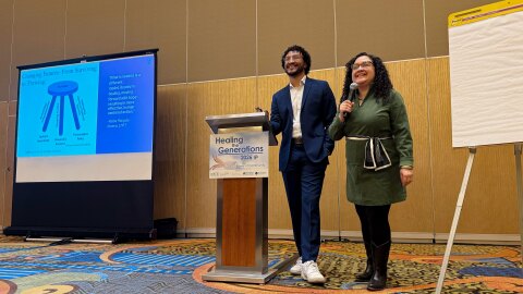 Nelba Marquez-Greene and her son Isaiah lead a workshop called “Individual and Community Responses After Acts of Violence” at the Healing the Generations 2026 conference inside Foxwoods Resort Casino on March 26, 2026. Isaiah, a third-year psychology student in college, survived the Sandy Hook Elementary School Shooting on Dec. 14, 2012.