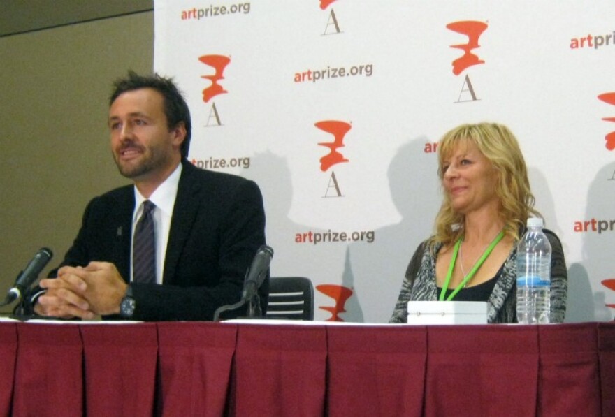 Rick DeVos and ArtPrize winner Mia Tavonatti answer media questions after the announcement Thursday night.