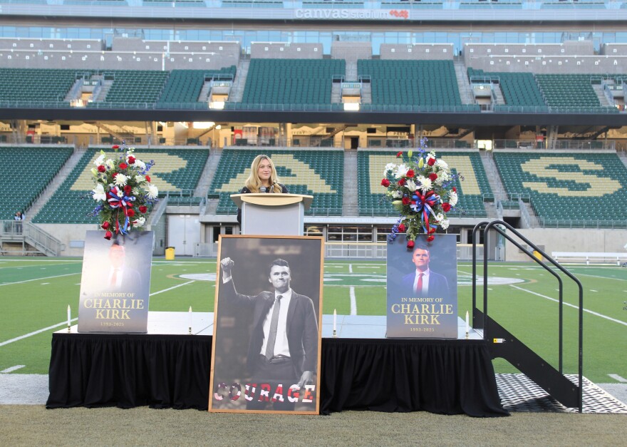 Isabel Brown, a Colorado State University graduate who went on to work with Charlie Kirk, spoke during his vigil at CSU's Canvas Stadium in Fort Collins on Thursday, Sept. 18, 2025.