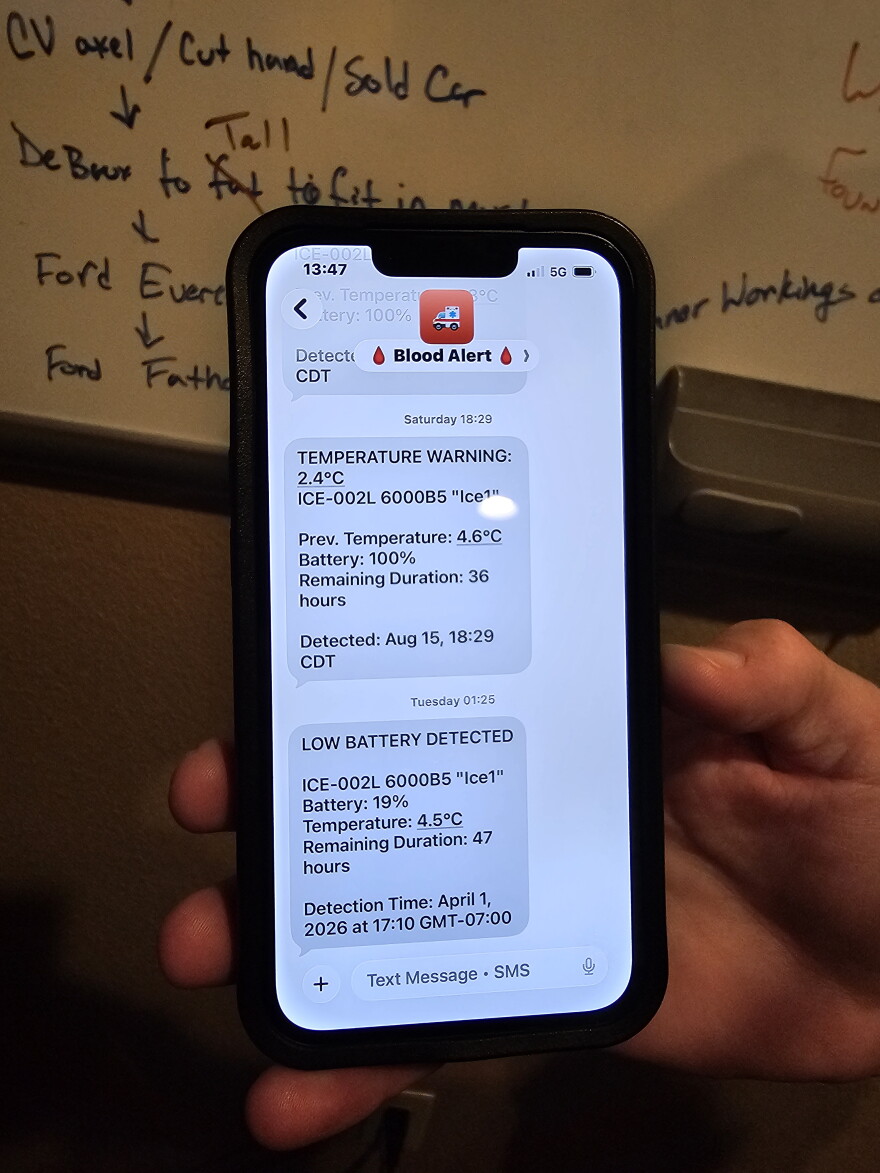 A text message in on one of the medic's phone showing update status of the cooler