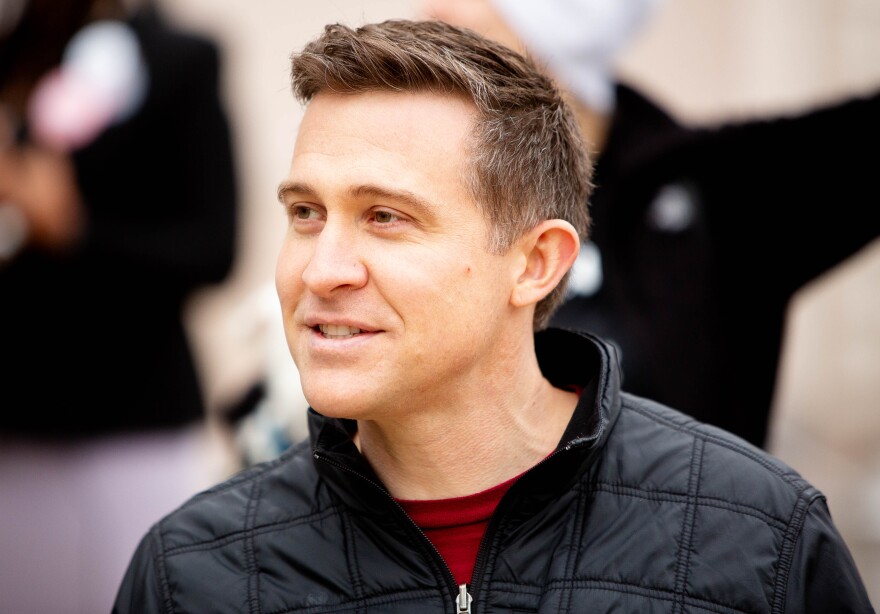 Lucas Kunce, democratic candidate for Missouri’s open U.S. Senate seat, on Tuesday, May 3, 2022, during an abortion-rights protest at the Thomas F. Eagleton U.S. Courthouse in downtown St. Louis. A draft Supreme Court opinion was leaked and published by Politico the night prior, which would later overturn Roe v. Wade.