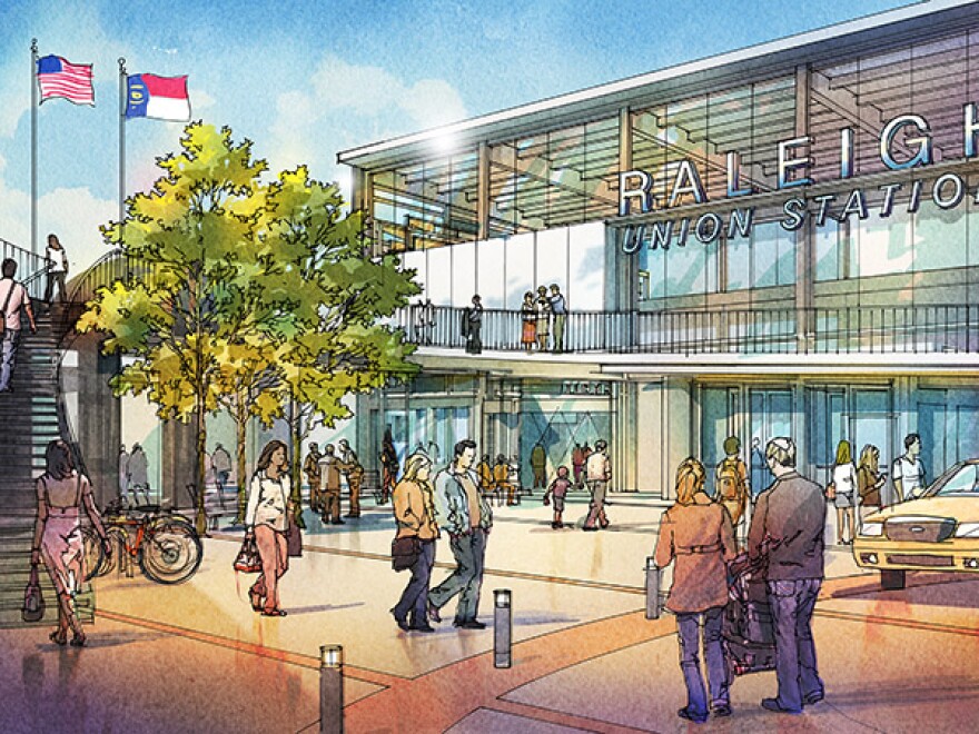 An illustration of the plaza outside the proposed Union Station.