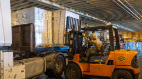 U.S. Army Soldiers transport pallets of humanitarian aid during the operation off the coast of Gaza.
