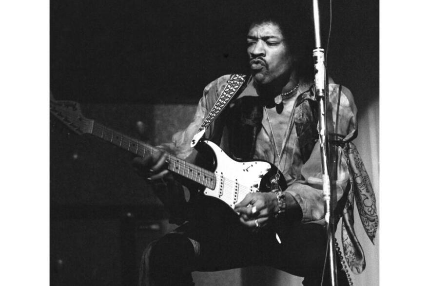 Jimi Hendrix performs on tour at the Rheinhalle in Dusseldorf, Germany on Jan. 14, 1969. (Hinninger/AP)