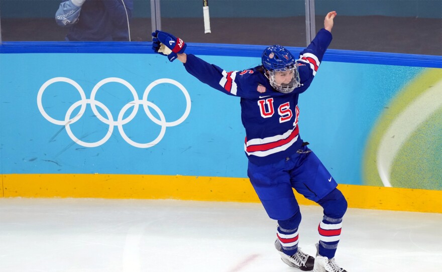 The United States' Megan Keller celebrates after scoring the winning goal against Canada during the overtime period of the women's ice hockey gold medal game at the 2026 Winter Olympics, in Milan, Italy, on Thursday, Feb. 19, 2026.