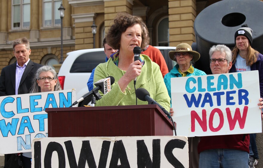Iowa Citizens for Community Improvement member Brenda Brink of Huxley speaks in front of the Capitol at Wednesday's lawsuit announcement.