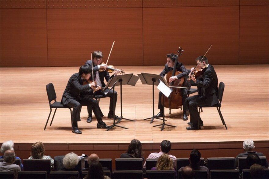 color photogaph of quartet Sensa Misura performing at Alice Tully Hall