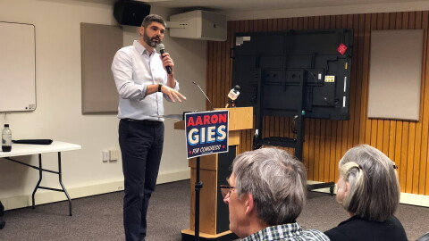 NY23 Democratic Party and Working Families Party candidate Aaron Gies speaks to voters at a Corning town hall e.