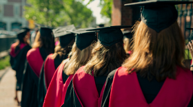 A staggered line of women in graduation robes and hats, facing away from the camera.