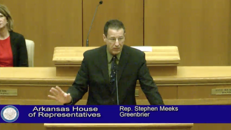 Rep. Stephen Meeks, R-Greenbrier, expresses support for cryptocurrency mining resolutions to the Arkansas House on Wednesday, May 1, 2024.