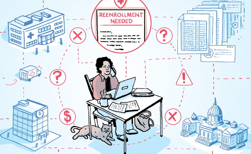 An illustration showing confusion around the Medicaid reenrollment process.