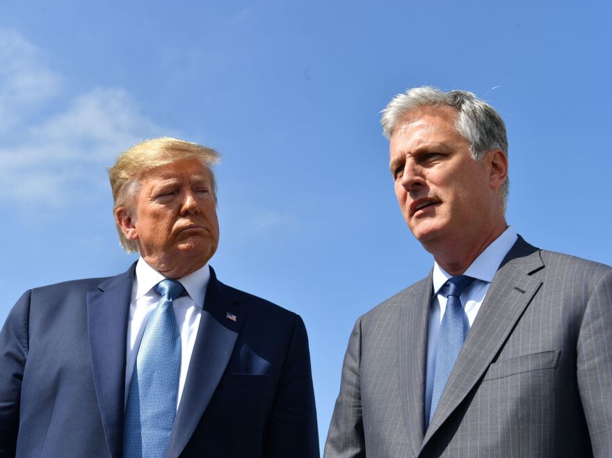 President Trump with his new national security adviser, Robert O'Brien, on Wednesday in Los Angeles.