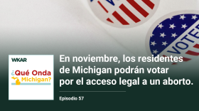 En la imagen se puede observar un roll de calcomanias que dicen "I Vote" sobre un fondo de la bandera estadounidense.   En el lado inferior de la imagen esta el logo de Que Onda Michigan sobre un fondo blanco. En la parte derecha las siguientes palabras estan escritas: "En noviembre, los residentes de Michigan podran votar por el acceso legal a un aborto"  y "Episodio 57". 