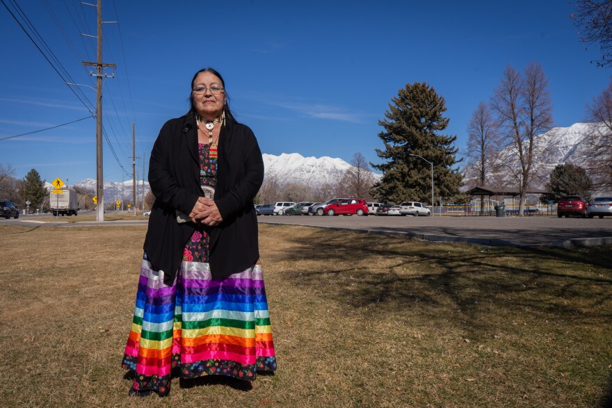 Mary Murdock Meyer poses in front of Mount Timpanogos, a mountain named after her people.