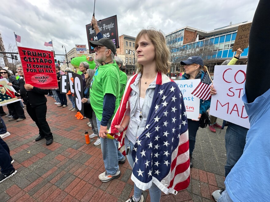 People gather during a protest on Saturday, Jan. 10, 2026 in downtown Durham, NC.