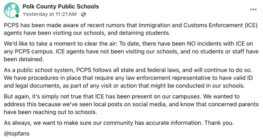 Screen-grab of a Facebook post explaining rumors of ICE in Polk County schools