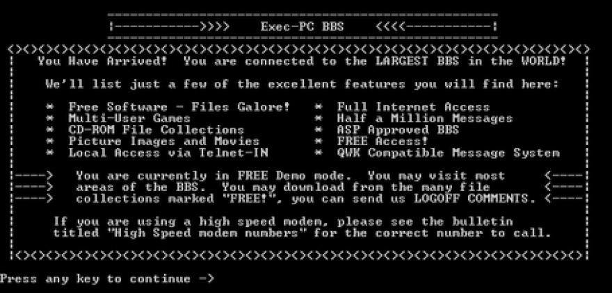 The First page of the Exec PC BBS. It was one of the largest boards in the world, and was based in Milwaukee.