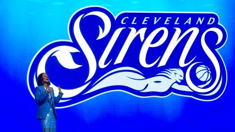 Cleveland Sirens President of Business Operations Allison Howard introduces the name of Cleveland’s WNBA franchise during an event at Rocket Arena, Tuesday, Aug. 4, 2026, in Cleveland. 