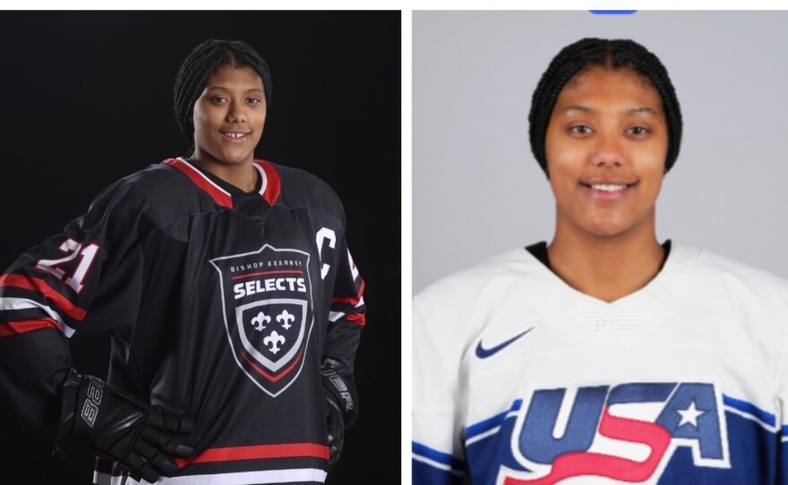Two side-by-side photos show the same young woman: she is wearing a black hockey jersey in the photo at left and a white jersey in the photo at right.