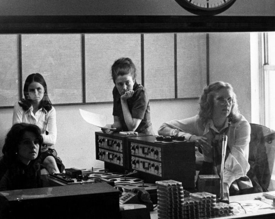 (From left) Renee Chaney, visitor Louisa Parker, Linda Wertheimer and Kris Mortensen, in the first <em>All Things Considered</em> studio in 1972.