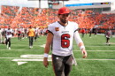 Tampa Bay Buccaneers quarterback Baker Mayfield (6) leaves the field after a 33-27 loss to the Cincinnati Bengals in an NFL football game Sunday, Sept. 13, 2026, in Cincinnati.  