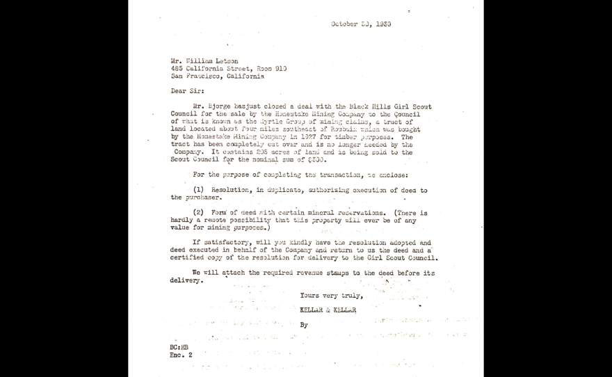 Letter from lawyers Kellar and Kellar to William Letson regarding the sale of land to the Black Hills Girl Scout Council.