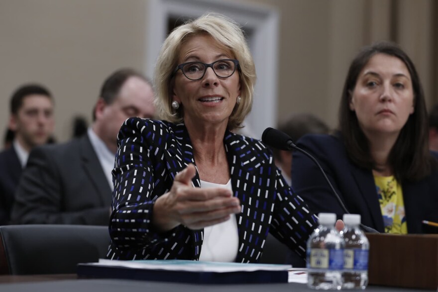 Education Secretary Betsy DeVos, left, testifies on Capitol Hill in Washington, Wednesday, May 24, 2017.
(Carolyn Kaster/AP)