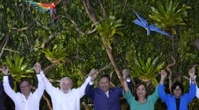 Leaders of South American nations pose for a group photo during the Amazon Summit, at the Hangar Convention Center in Belem, Brazil, Tuesday, Aug. 8, 2023. Pictured are; Colombia's President Gustavo Petro, from left, Brazil's President Luiz Inacio Lula Da Silva, Bolivia's President Luis Arce, Peru's President Dina Boluarte and Venezuela's Vice President Delcy Rodriguez. (AP Photo/Eraldo Peres)