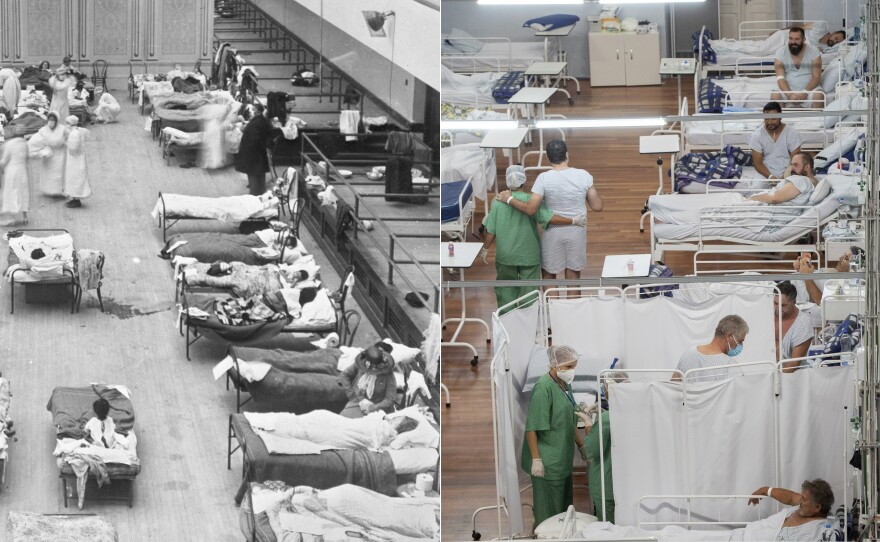 This combination photo shows volunteer nurses from the American Red Cross tending to influenza patients in the Oakland Municipal Auditorium, used as a temporary hospital in 1918, left, and COVID-19 patients lie on beds at a field hospital built inside a sports coliseum in Santo Andre, outside Sao Paulo, Brazil, on March 4, 2021.