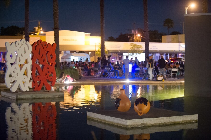 The open-air plaza lights up on the last Friday of every month for Jazz at MOCA, a free concert series.