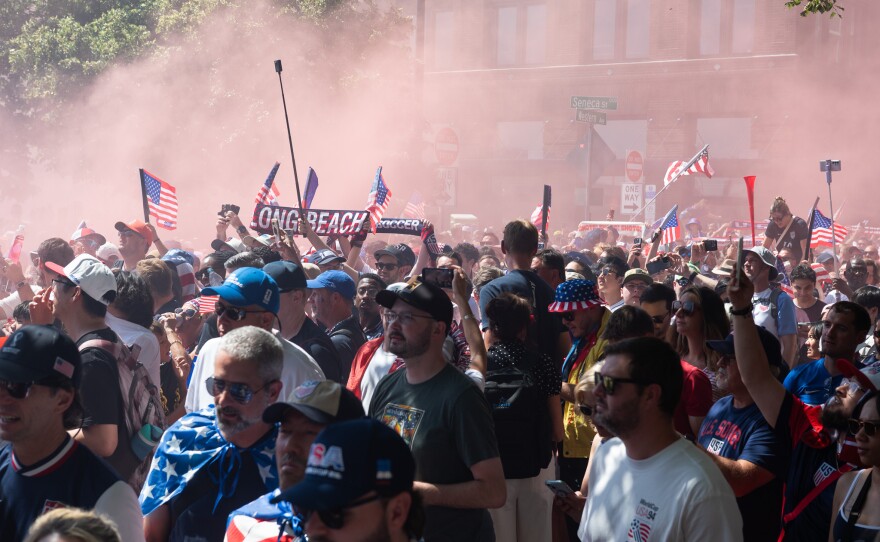 Fans of the U.S. men's soccer team gather in downtown Seattle ahead of the match against Belgium on July 6.
