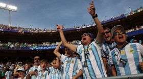 Argentina fans make some noise ahead of the Argentina vs. Algeria World Cup match at Arrowhead Stadium on June 16, 2026.
