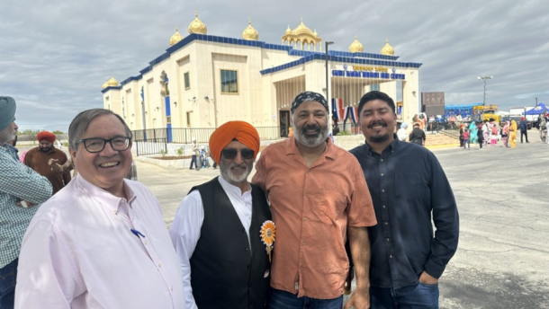 Tim Ashlock, left, manager of Buena Vista Water Storage District, joins farmer Paramjit Dosanjh, Jeevan Muhar, manager of Arvin-Edison Water Storage District and Daniel Maldonado, then assistant director of the Bakersfield Water Resources Department, at a temple dedication ceremony in March 2025.