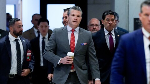 Defense Secretary Pete Hegseth arrives to brief members of Congress on military strikes near Venezuela, Tuesday, Dec. 16, 2025, at the Capitol in Washington.