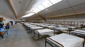 Dozens of cots in three rows span from the foreground into the distance.