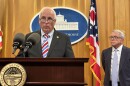Sen. Terry Johnson (R-McDermott, left) and Gov. Mike DeWine (right) in August 2026.