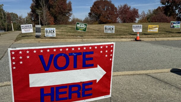 A photo of a "vote here" sign in Greensboro at Mt. Zion Baptist Church