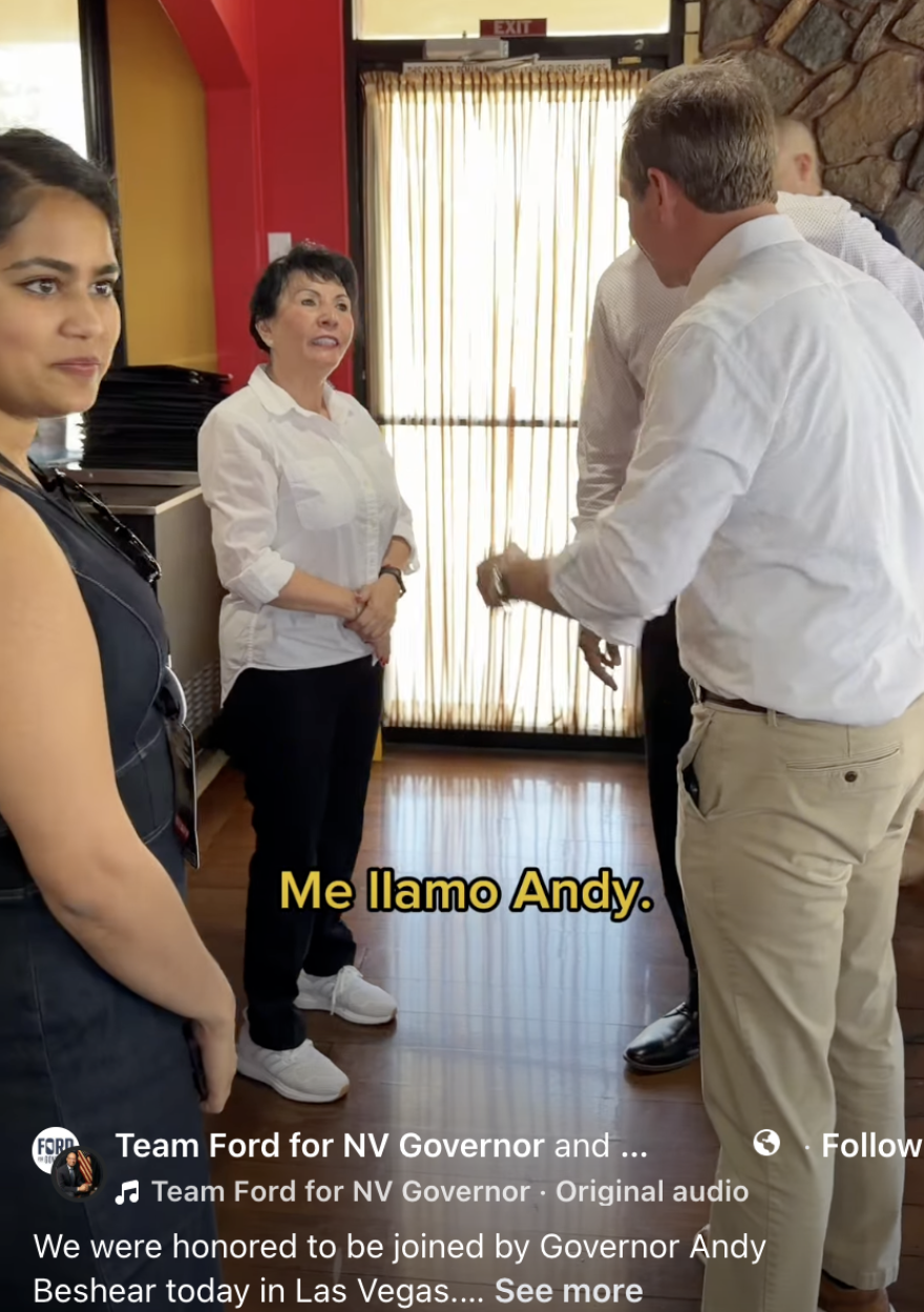 Kentucky Gov. Andy Beshear (right) greeting a restaurant owner in Las Vegas with Nevada Democratic governor candidate Aaron Ford, in a video posted by Ford's campaign.