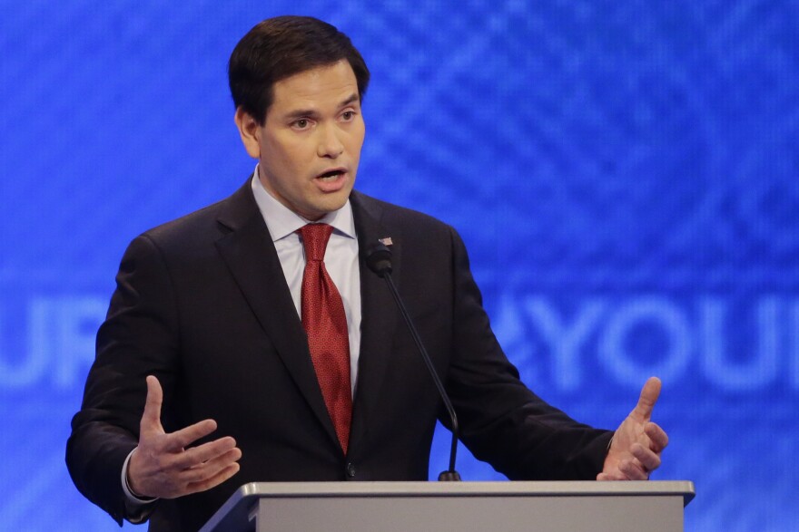 Sen. Marco Rubio, R-Fla., answers a question during the eighth Republican presidential primary debate hosted by ABC News at St. Anselm College on Saturday.