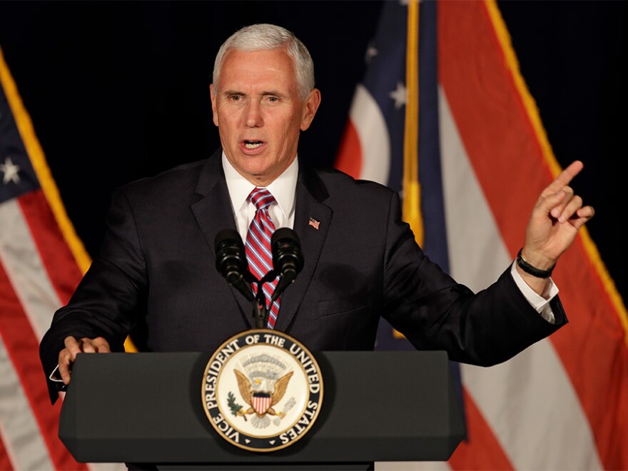 Vice President Mike Pence speaks at the Mansfield Lahm Regional Airport, Wednesday, Oct. 31, 2018, in Mansfield, Ohio. Pence was in Ohio campaigning for fellow Republicans.