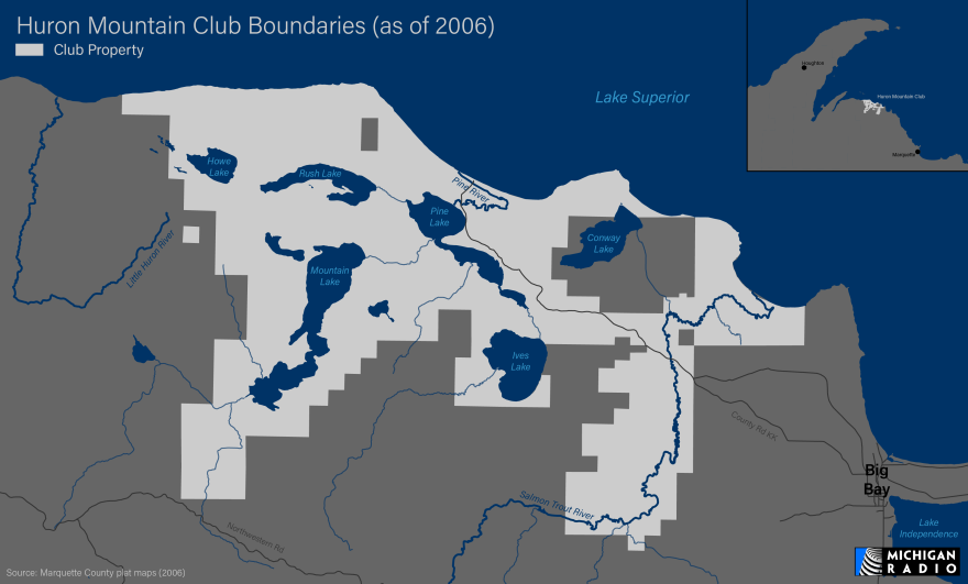 Map showing the land owned by the Huron Mountain Club as of 2006.