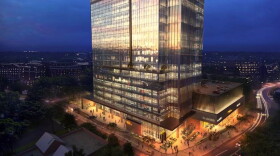 Rendering of the proposed hotel/office tower. It’s a view from the corner of Third Street and Baldwin Avenue.     