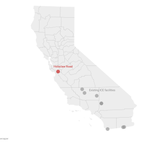 Map of California showing current ICE detention centers and the proposed facility near Gilroy. 